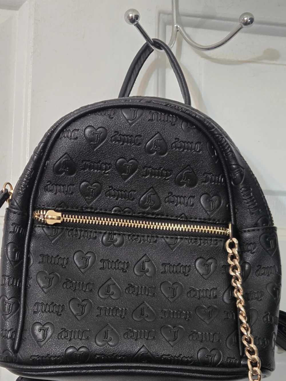 Juicy Couture Black Embossed Mini Backpack with Gold Chain